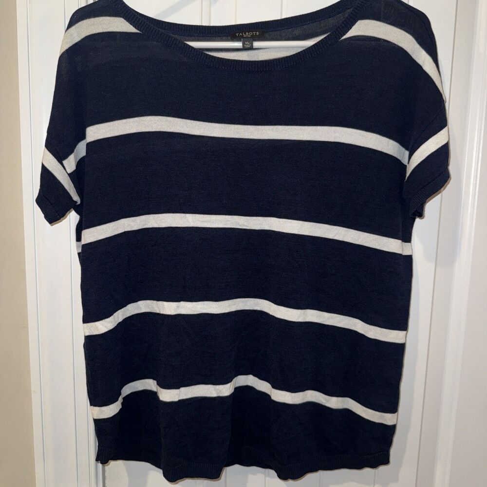 Talbots Top‎ Women's Short Sleeve Crew Sweater Stripe Navy White Petite Size Mp